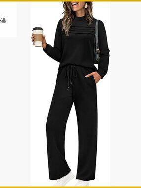 Long Sleeve Two Piece Lounge Set Wide Leg Pants Relaxed Fit Polyester